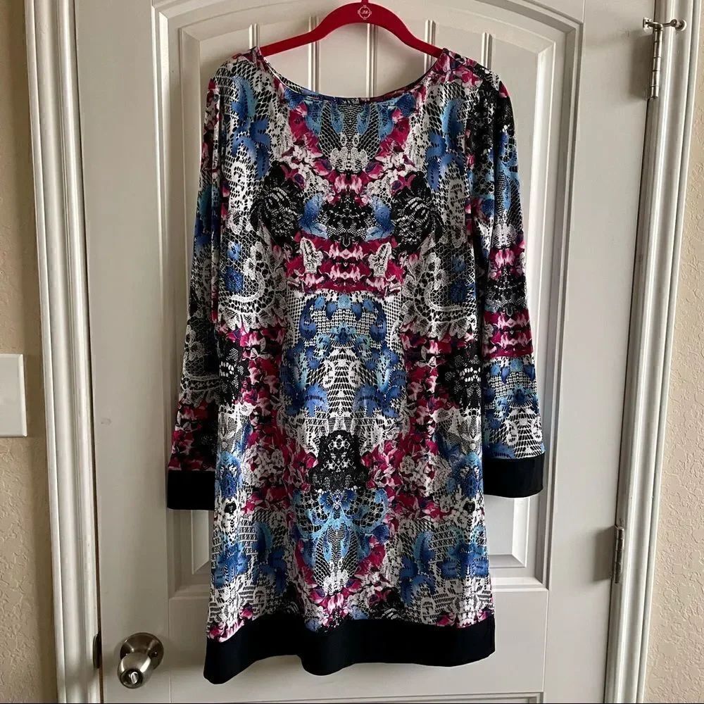 Nicole by Nicole Miller Boho Print Shift Dress Long Sleeve Black Blue M NWT